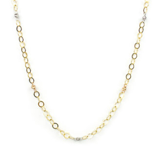 Collana girocollo con catena in oro giallo tit 750 (18 kt), con palline lavorazione slash in oro bianco e rosè alternate; catena rolò tonda e lucida, larghezza 4 mm