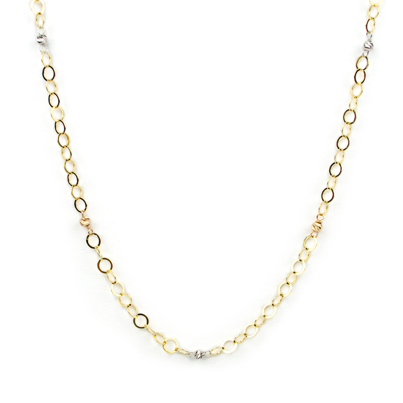 Collana girocollo con catena in oro giallo tit 750 (18 kt), con palline lavorazione slash in oro bianco e rosè alternate; catena rolò tonda e lucida, larghezza 4 mm