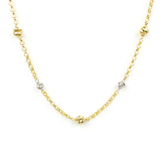 Collana girocollo bicolore in oro tit 750 (18 kt) con palline slash in oro bianco (dimensione 4 mm) e oro giallo (dimensione 5 mm) alternate 