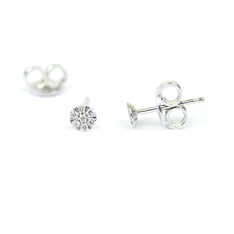 Orecchini diamanti donna a lobo, perno e farfallina, forma tonda in oro bianco tit 750, con diamanti colore I caratura 0,11; orecchini eleganti