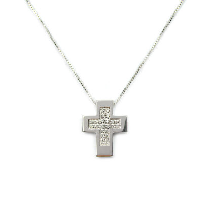 Collana croce con diamanti; girocollo donna in oro bianco tit 750 (18 kt), croce con diamanti ct 0,12 colore H/VS; catena veneziana massiccia