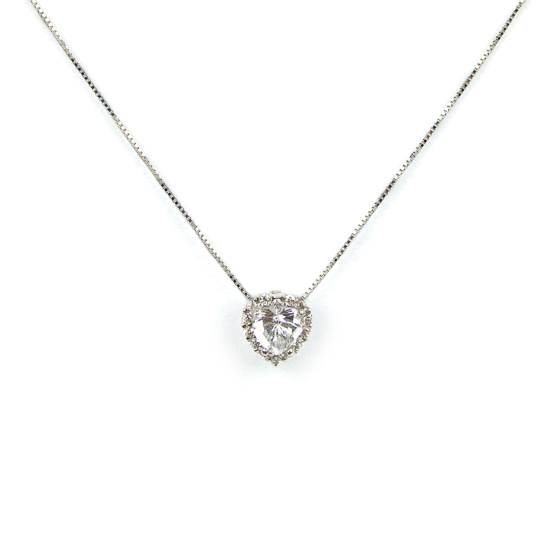 Collana cuore zirconi girocollo donna in oro bianco tit 750 (18 kt) con zircone a forma di cuore su montatura a cuore con cornice di zirconi, scorrevole