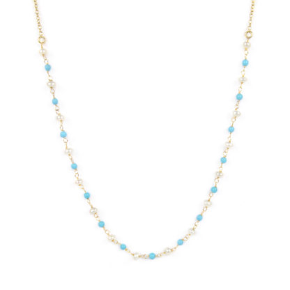 Collana turchese e perle; girocollo donna in oro giallo tit 750 (18 kt) con centrale composto da perle di turchese ricostruito alternate a perle a rondella