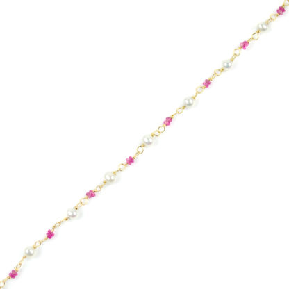 Bracciale con rubini e perle donna in oro giallo 750 con rubino di misura 2 mm alternato a perle coltivate acqua dolce di 3 mm 