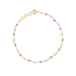 Bracciale rubini perle oro, bracciale donna in oro giallo 750 con rubino di misura 2 mm alternato a perle coltivate acqua dolce di 3 mm 