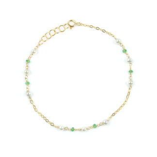 Bracciale tsavorite perle oro; bracciale ragazza e donna in oro giallo 750 con perle acqua dolce 3 mm e pietra verde tsavorite di 2 mm