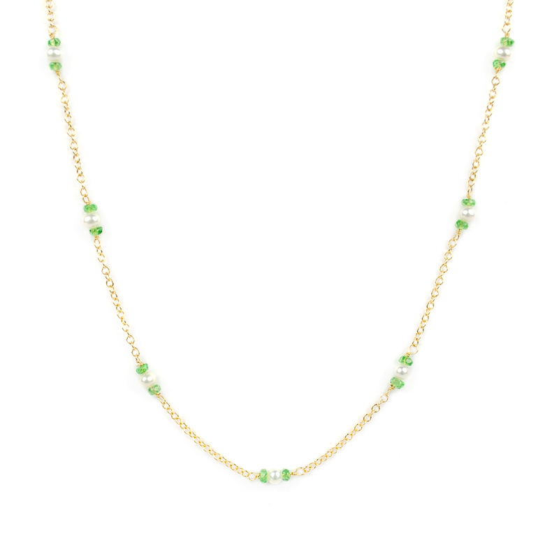 Collana girocollo tsavorite perle donna, catena in oro giallo tit 750 (18 kt), alternata a perle coltivate in acqua dolce e tsavorite