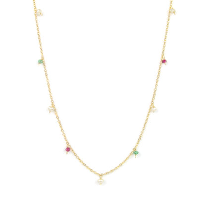 Collana lunga pietre colorate donna in oro giallo tit 750 (18 kt), con radice di smeraldo, radice di rubino e perle di 3 mm pendenti