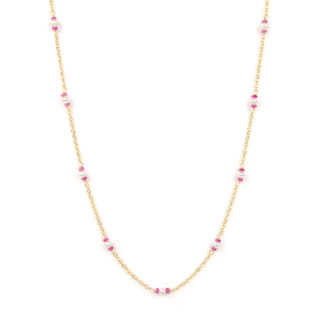 Collana lunga perle rubini, collana lunga donna in oro giallo tit 750 (18 kt), con rubini alternati a perle coltivate acqua dolce di 3 mm