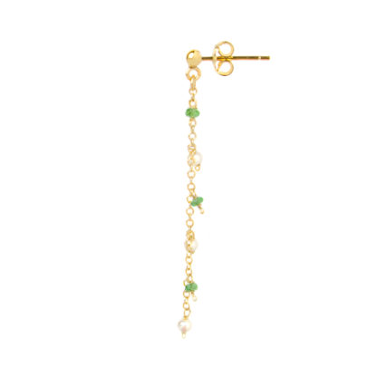 Orecchini tsavorite perle pendenti; orecchini perno e farfallina pendenti in oro giallo tit 750 (18 kt) con pietra tsavorite e perle acqua dolce