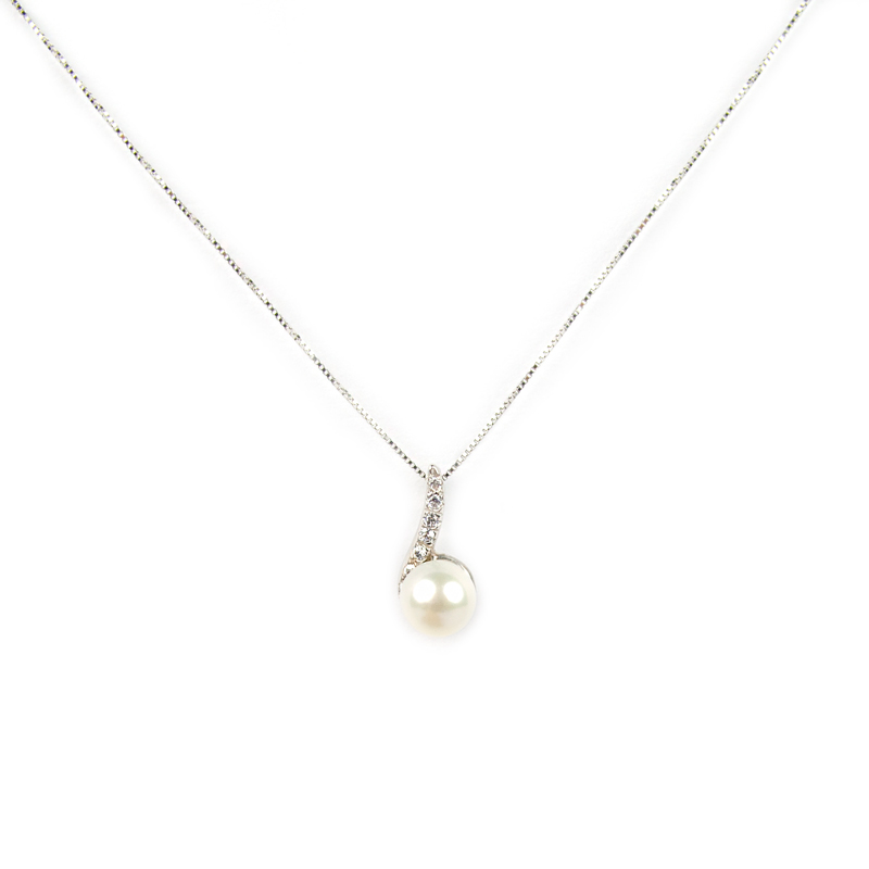 Collana donna ciondolo perla, veneziana girocollo oro bianco tit 750 (18 kt) ciondolo rimovibile composto da una perla coltivata acqua dolce 6 mm e zirconi