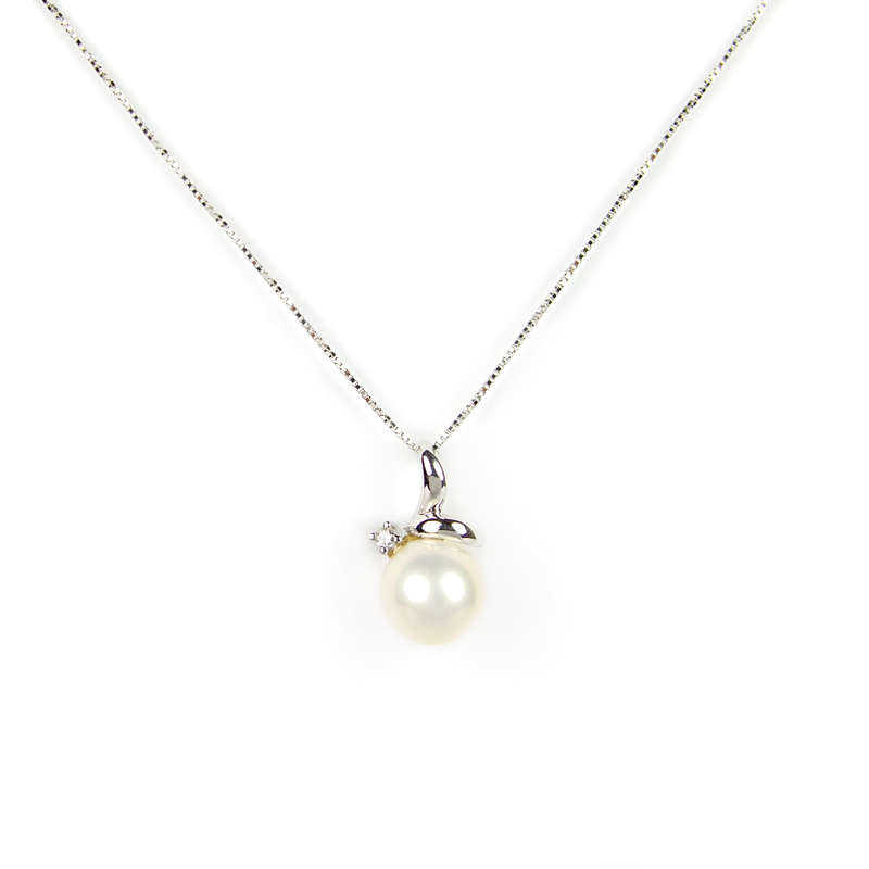 Collana sposa perla zircone, veneziana oro bianco tit 750 (18 kt) ciondolo rimovibile composto da una perla coltivata acqua dolce 7 - 7,5 mm e zircone