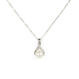 Collana veneziana ciondolo perla, girocollo oro bianco tit 750 (18 kt) con ciondolo rimovibile con perla coltivata acqua dolce 6 - 6,5 mm con zirconi