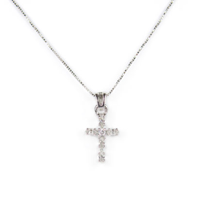 Collana ciondolo croce oro bianco tit 750 (18 kt), con ciondolo rimovibile croce con zirconi ovali; idea regalo cresima e comunione