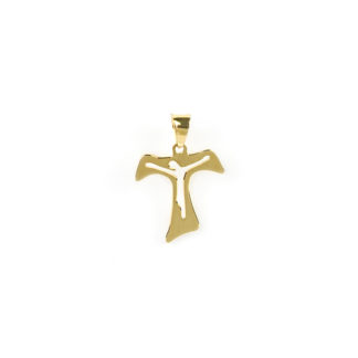 Croce Tau oro traforata in oro giallo tit 750 (18 kt) modello croce Tau a lastra, liscia e lucida; idea regalo per cresime e comunioni
