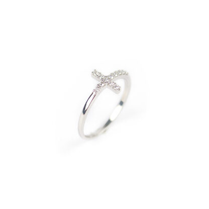 Anello croce oro bianco, anello donna in oro bianco 750 con croce di zirconi, larghezza della croce 9 mm; misura anello 15