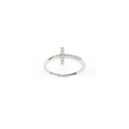 Anello croce oro bianco, anello donna in oro bianco 750 con croce di zirconi, larghezza della croce 9 mm; misura anello 15
