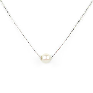 Collana perla passante oro, collana donna classica, veneziana girocollo con perla di 6 mm passante e scorrevole in oro bianco tit 750 (18 kt)