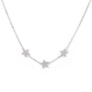 Collana stelle oro bianco, girocollo in oro bianco tit 750 (18 kt) con tre stelle piatte, lisce e lucide di dimensione 1 cm