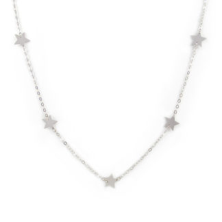 Collana cinque stelle oro, girocollo in oro bianco tit 750 (18 kt) con cinque stelle piatte in oro bianco liscio e lucido, di dimensione 1 cm