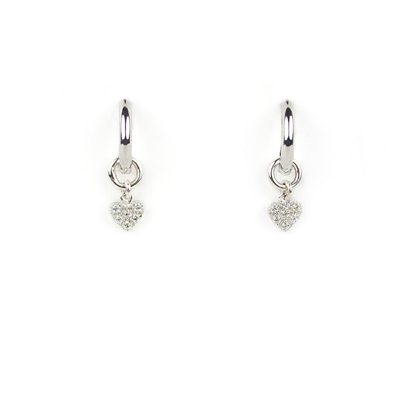 Orecchini cerchio cuore zirconi, orecchini cerchio in oro bianco tit 750 (18 kt) con ciondolo rimovibile formato da un cuore pavé di zirconi