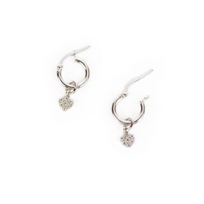 Orecchini cerchio cuore zirconi, orecchini cerchio in oro bianco tit 750 (18 kt) con ciondolo rimovibile formato da un cuore pavé di zirconi