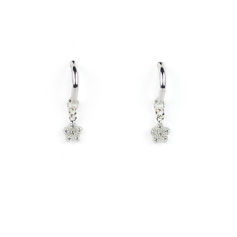 Orecchini a cerchio fiore, orecchini a cerchio in oro bianco tit 750 (18 kt) con ciondolo rimovibile fiorellino pavé di zirconi