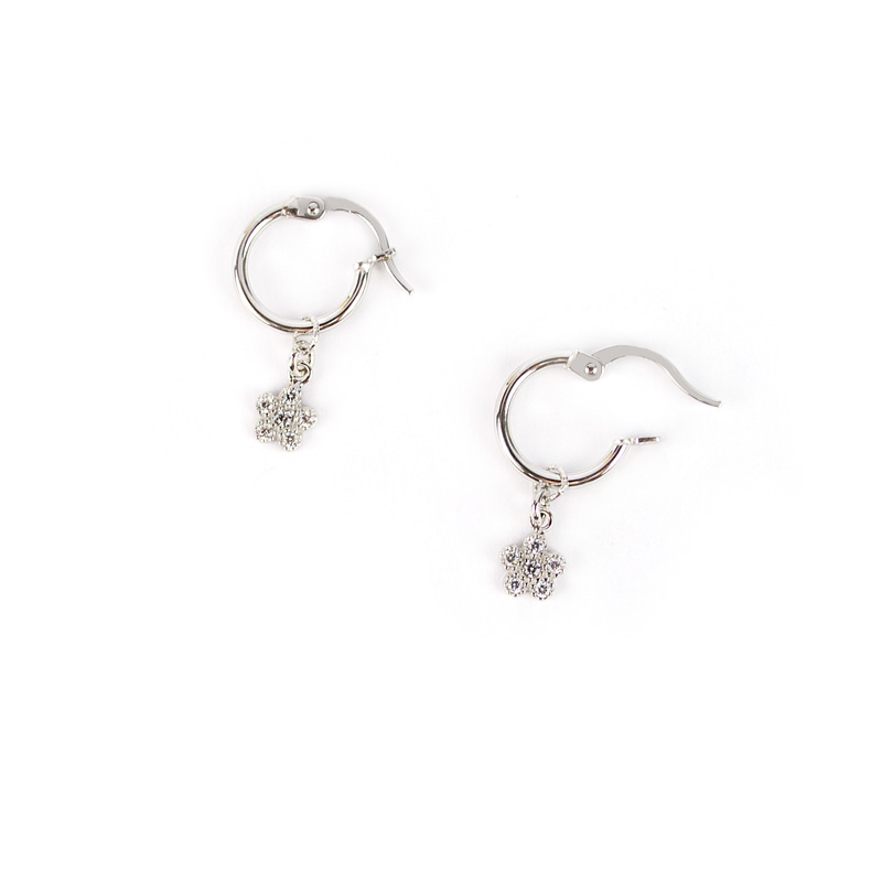 Orecchini a cerchio fiore, orecchini a cerchio in oro bianco tit 750 (18 kt) con ciondolo rimovibile fiorellino pavé di zirconi