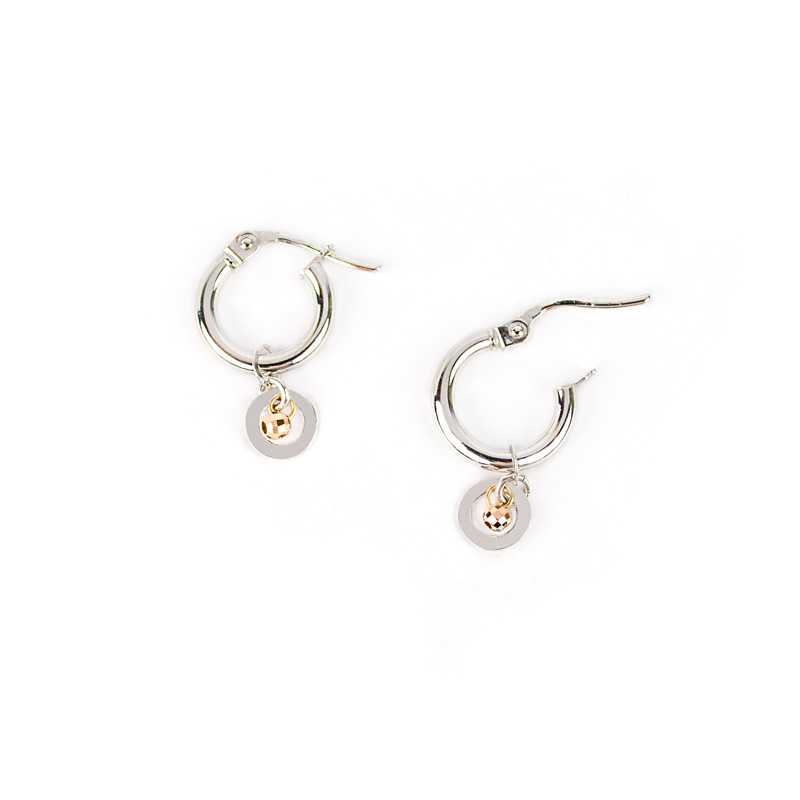 Orecchini cerchio oro bianco, orecchini a cerchio in oro bianco tit 750 (18 kt) con ciondolo rimovibile di 6 mm con pallina in oro rosa