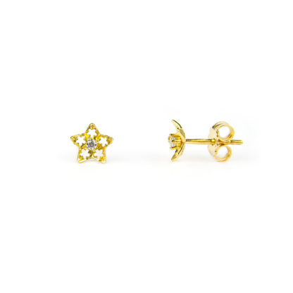 Orecchini stella oro giallo; orecchini perno e farfallina soggetto stella traforata in oro giallo tit 750 (18 kt) con zircone, orecchni donna e bambina