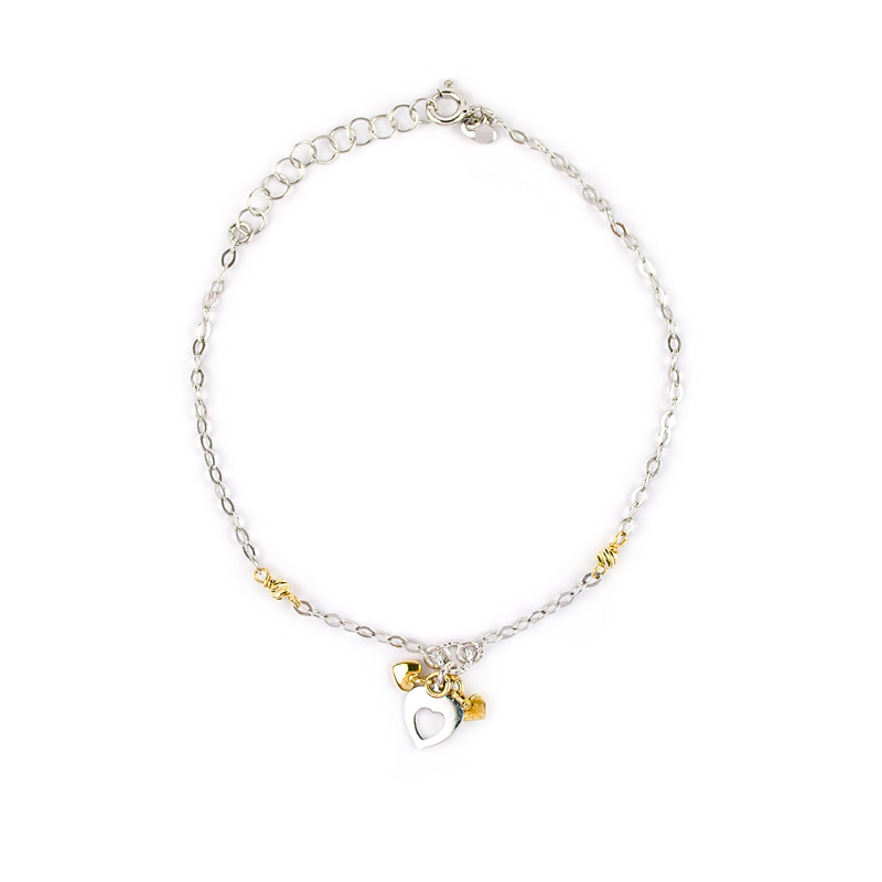 Bracciale bicolore con cuore donna oro bianco 750 palline oro giallo lavorazione slash, cuore pendente vuoto al centro, due cuori più piccoli in oro giallo