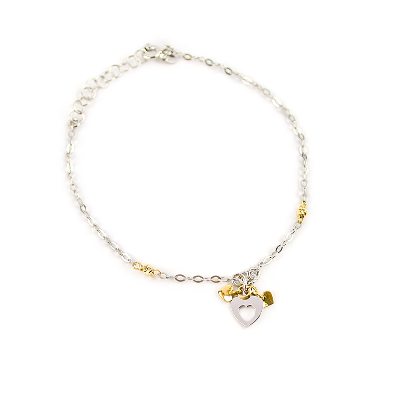 Bracciale bicolore con cuore donna oro bianco 750 palline oro giallo lavorazione slash, cuore pendente vuoto al centro, due cuori più piccoli in oro giallo