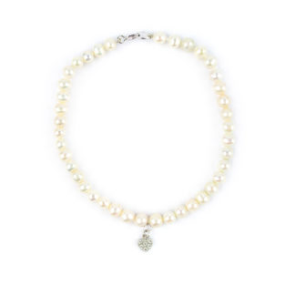 Bracciale cuore donna perle coltivate in acqua dolce, forma leggermente irregolare; ciondolo a forma di cuore con zirconi in oro bianco 750
