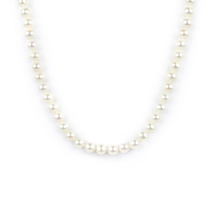 Collana girocollo di perle coltivate in acqua dolce, misura mm 6 - 6,5 con chiusura in oro giallo tit 750 (18 kt), infilata a mano con nodi ad ogni perla
