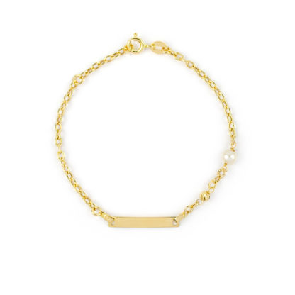 Bracciale battesimo oro perla, braccialetto in oro giallo 750 con targhetta liscia e leggermente curva e perla coltivata acqua dolce