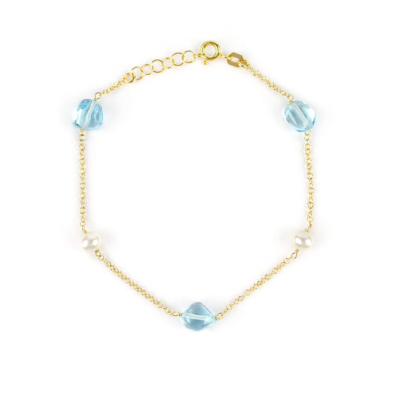 Bracciale oro topazio azzurro, bracciale in oro giallo 750, con pietre di topazio azzurro e perle coltivate acqua dolce; catena rolò tonda massiccia