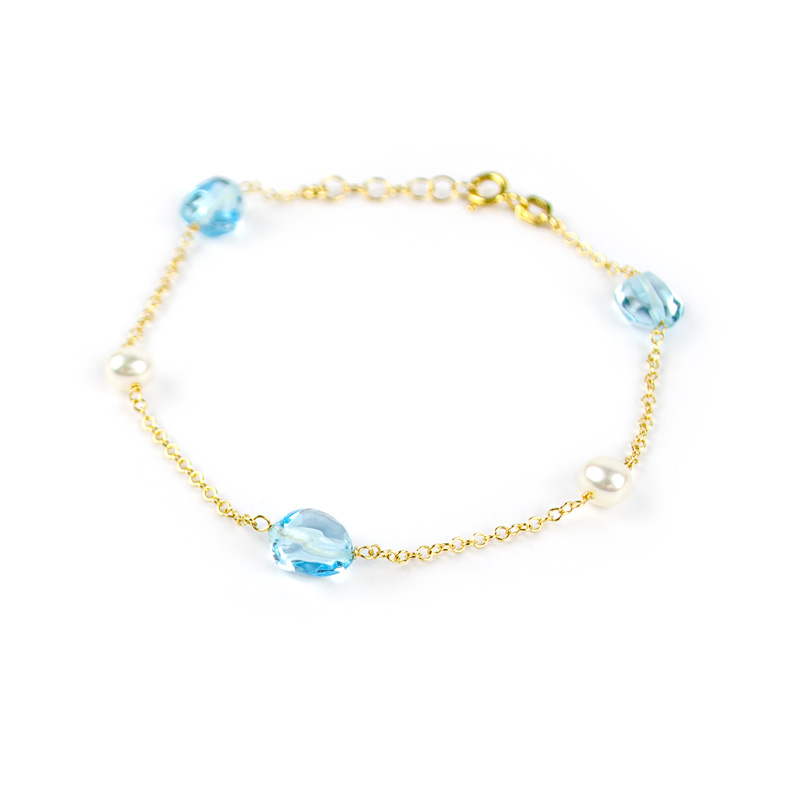 Bracciale oro topazio azzurro, bracciale in oro giallo 750, con pietre di topazio azzurro e perle coltivate acqua dolce; catena rolò tonda massiccia