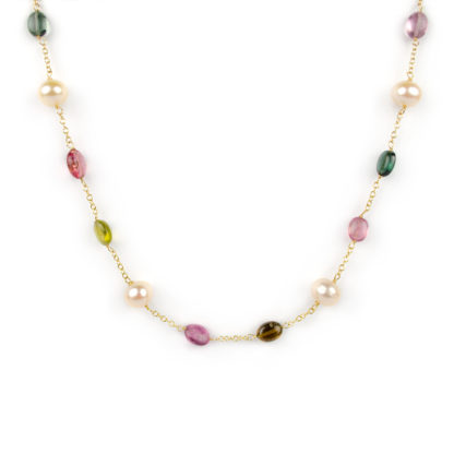 Collana oro tormaline perle, collana donna in oro giallo tit 750 (18 kt) con tormaline circa e perle rosate coltivate in acqua dolce