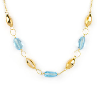 Oro giallo topazio azzurro, collana girocollo donna in oro giallo tit 750 (18 kt) con centrale di pietre topazio azzurro ed elemento traforato ovale in oro