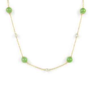 Collana giada muschiata perle, girocollo donna in oro giallo tit 750 (18 kt) con perle 5-5,5 mm coltivate acqua dolce e giada muschiata 8-8,5 mm