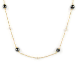 Collana ematite perle oro, girocollo donna in oro giallo tit 750 (18 kt) con ematite di 6-6,5 mm e perle 4-4,5 mm coltivate acqua dolce alternate