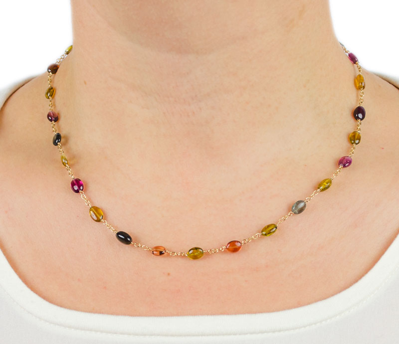 Collana oro giallo tormaline, collana girocollo donna in oro giallo tit 750 (18 kt) con tormaline di dimensione 5x7 mm circa