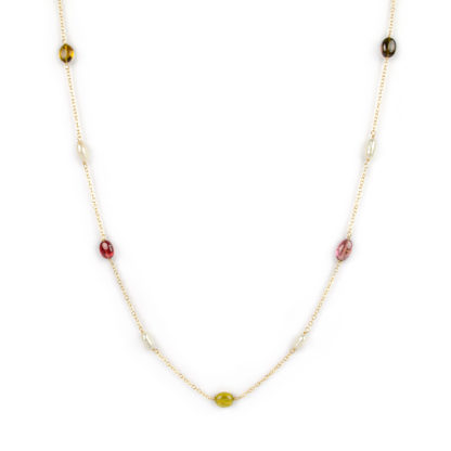 Collana lunga tormaline perle, collana lunga donna in oro giallo tit 750 (18 kt) con tormaline e perle coltivate acqua dolce