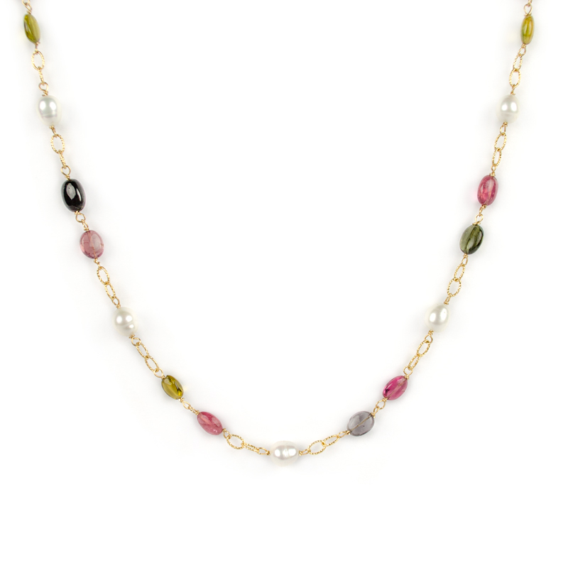 Collana tormaline perle ovali, girocollo donna in oro giallo tit 750 (18 kt) con tormaline e perle coltivate in acqua dolce