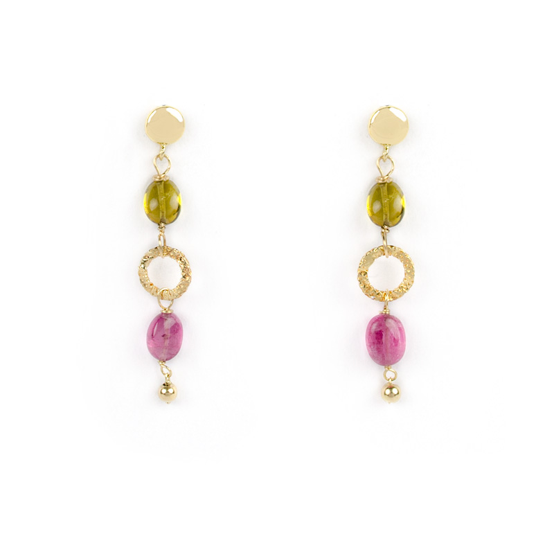 Orecchini oro giallo tormaline, orecchini perno e farfallina pendenti in oro giallo tit 750 (18 kt) con tormaline e cerchio in oro giallo satinato