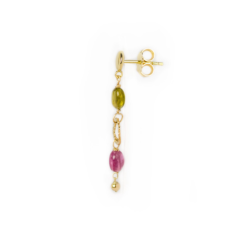 Orecchini oro giallo tormaline, orecchini perno e farfallina pendenti in oro giallo tit 750 (18 kt) con tormaline e cerchio in oro giallo satinato