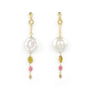 Orecchini perle coin tormaline, orecchini perno e farfallina pendenti in oro giallo tit 750 (18 kt) con perla coin e tormaline