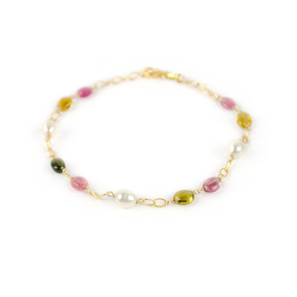 Bracciale tormaline perle ovali, bracciale donna in oro giallo 750, con pietre tormaline e perle ovali coltivate acqua dolce
