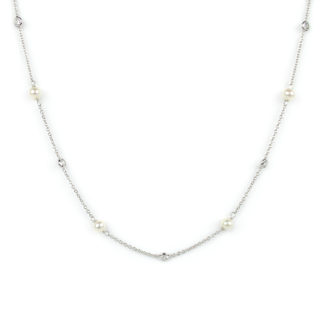 Collana oro zirconi perle, collana girocollo in oro bianco tit 750 (18 kt), con zirconi incassati a notte e perle coltivate acqua dolce