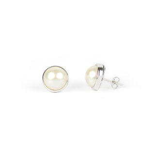 Perle mabè oro bianco, orecchini perno e farfallina oro bianco tit 750 (18 kt) con perla coltivata mabè su montatura in oro di diametro esterno 13 mm